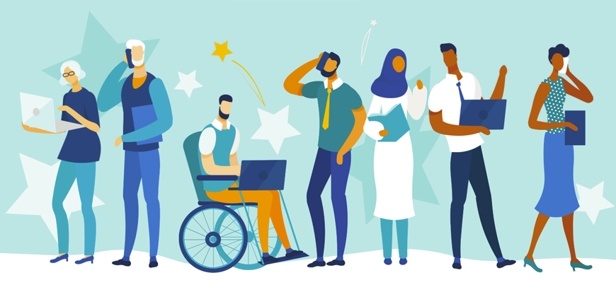Ilustração sobre inclusão e diversidade no ambiente profissional